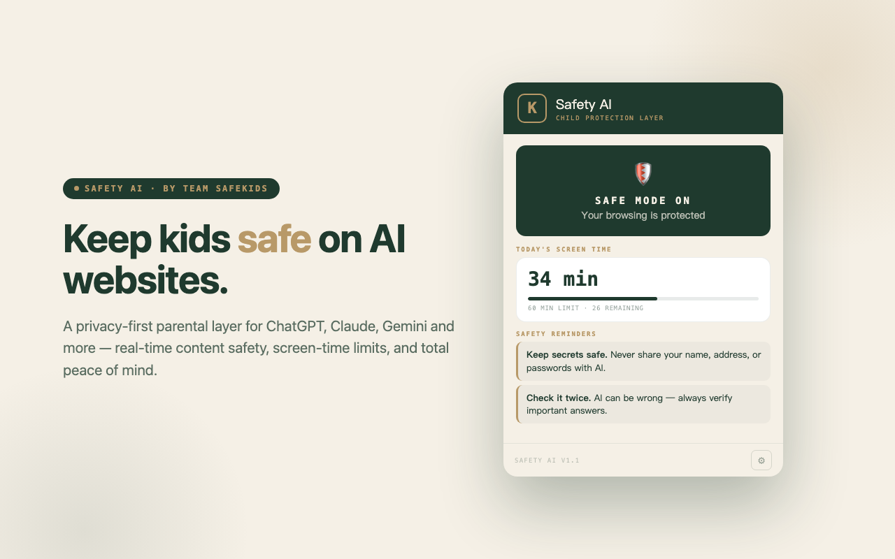 Safety AI hero — Keep kids safe on AI websites, with popup showing safe mode on, screen time and reminders.